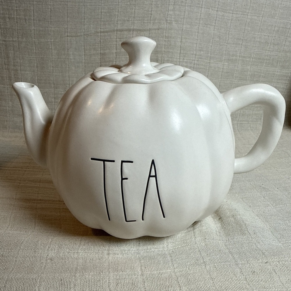 Rae Dunn Thanksgiving Fall Magenta TEA LL Pumpkin Shaped Ceramic Teapot 10x7in
